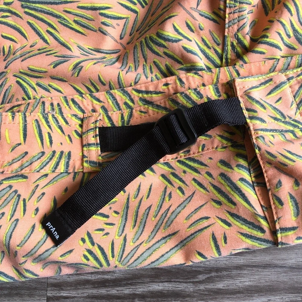 Prana Mens Rock Shock Swim Shorts Waist Belt Orange Pattern 34 6”